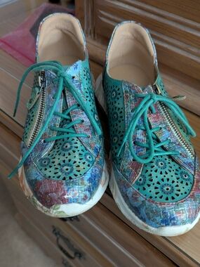 Spring Step Teal Perforated Lace-Up Sneakers with Multicolor Accents
